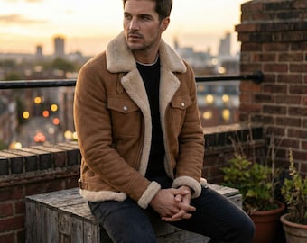 Men's Tan Suede Shearling Jacket – Sherpa Lined Trucker Coat – Winter Outerwear