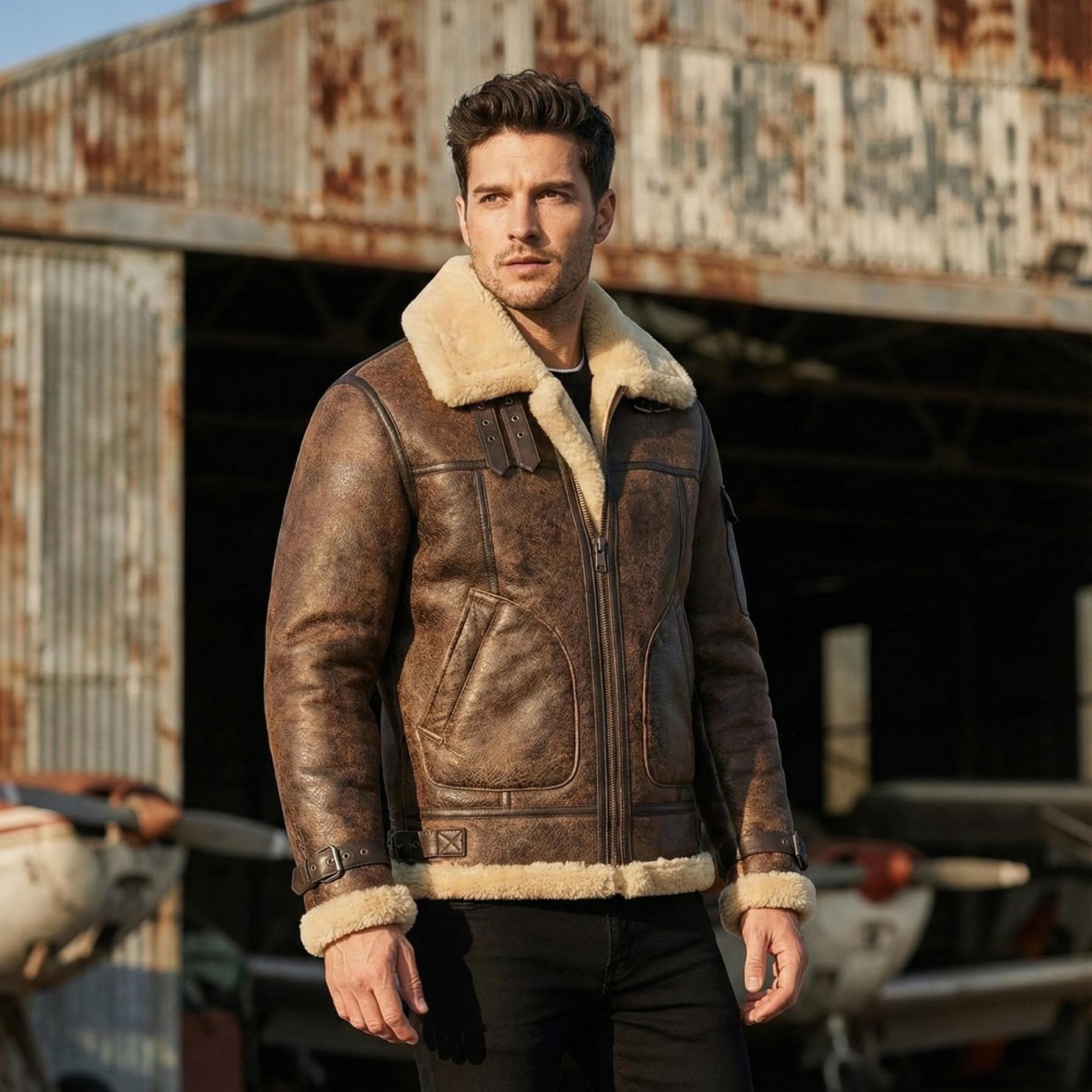 Men's Sheepskin Leather Bomber Jacket – Fur Shearling Lining B3