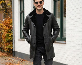 Men shearling leather coat– Fur Lined Winter Jacket – Black Long Trench Overcoat