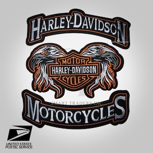 Harley Davidson Orange Double Eagle Embroidery Patch Set With Top Bottom Rockers Iron On Sew On Biker Motorcycle Patches Ship From USA