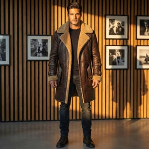 Men's Shearling Leather Coat | Distressed Brown Sheepskin Long Winter Jacket | Fur Lined Trench Coat