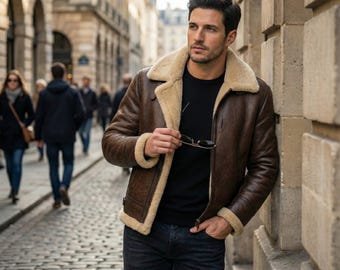 Giubbotto bomber B3 da uomo - Cappotto da aviatore in vera pelle marrone con fodera in pelliccia sintetica