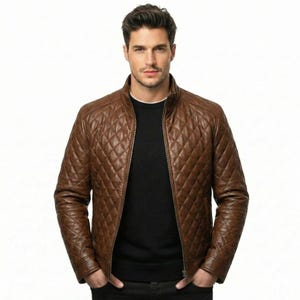 Handmade Men’s Brown Quilted Leather Jacket - Lambskin Cafe Racer Moto Jacket - Diamond Quilt