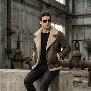 Chaqueta bomber B3 de piel auténtica para hombre: abrigo de aviador vintage de piel de oveja para invierno.