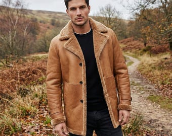 Men's Tan Shearling Coat | Genuine Sheepskin Leather Jacket | Warm Winter Fur Lined Overcoat