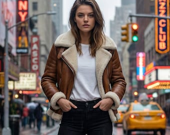 Women Shearling Leather Jacket - B3 Bomber Aviator Coat - Brown Sheepskin Jacket