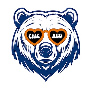 May include: A blue and white illustration of a bear wearing heart-shaped sunglasses that say "CHIC AGO" in orange letters.