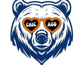 May include: A blue and white illustration of a bear wearing heart-shaped sunglasses that say "CHIC AGO" in orange letters.