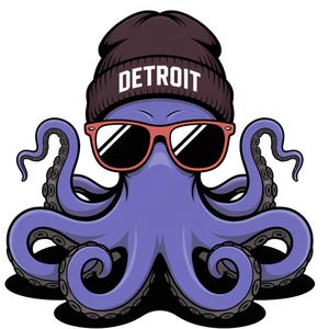 May include: A cartoon illustration of a purple octopus wearing a dark brown beanie with "DETROIT" in white text, and red-framed sunglasses. The octopus has eight tentacles and is set against a white background.