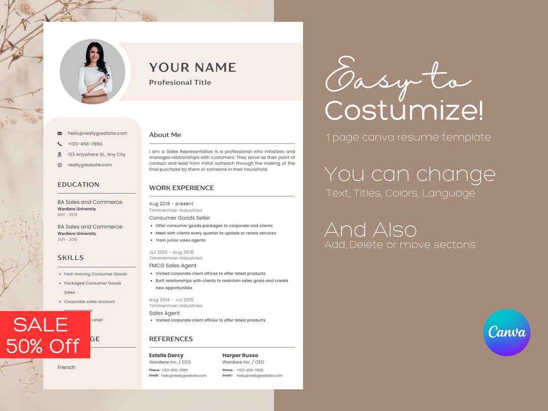 Canva Resume Template - Modern CV With Photo, Easy Editable Cover ...