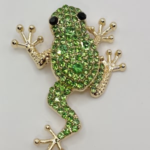 May include: A gold-coloured frog brooch, adorned with green rhinestones. The frog has black eyes and outstretched limbs. This brooch is a decorative accessory.