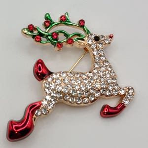 Christmas brooch, small reindeer in enamel & rhinestones