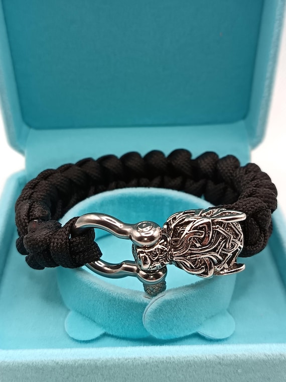 Wolf Head Bracelet, Made of Black Braided Cord, Secure Clasp 