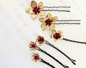 Red and Gold Hair Pins • Modern Tea Ceremony Chinese Hair Pins • Hanfu Jewelry • Gold and Red Crystal Hair Pin • Wedding Hair