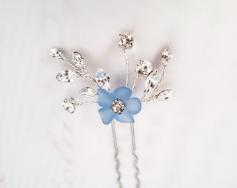 Crystal Hair Pin with Dusty Blue Flower • Pearl Flower Hair Pin • Something Blue • Ready to Ship • Custom Handmade