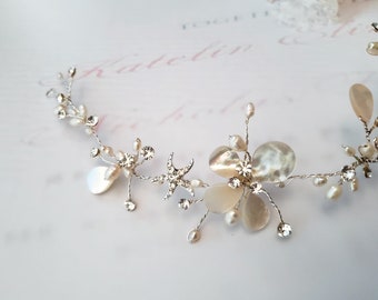 Bridal Hair Vine with Starfish and Pearl Flowers, Wedding Headpiece, Silver Hair Vine, Beach Wedding