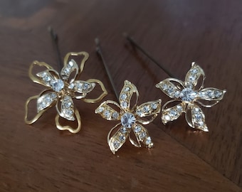 Crystal Hair Pins with Gold, Gold Crystal Flower Hair Pin Set, Gold Flower Hair Pins for Bridesmaids