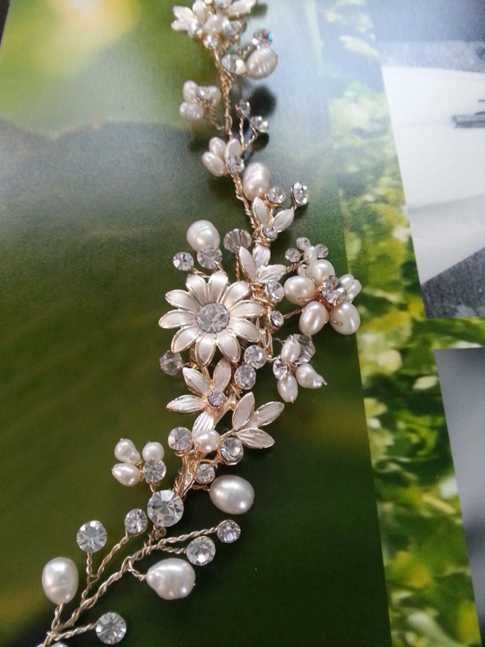 Bridal Hair Vine With Rhinestones Freshwater Pearls Light Gold Etsy