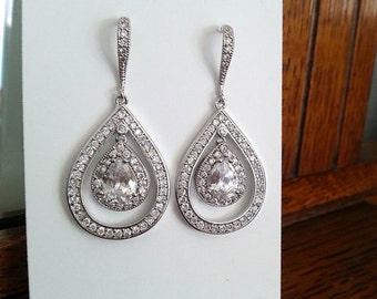 Cubic Zirconia Earrings, Crystal Earrings with CZ Teardrop, Wedding Jewelry, Dangle Earrings, Wedding Earrings
