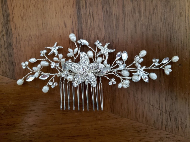 Starfish Hair Comb with Crystals Pearls, Beach Wedding Hair Comb, Nautical Wedding Hair Combs, Hair Vine image 1