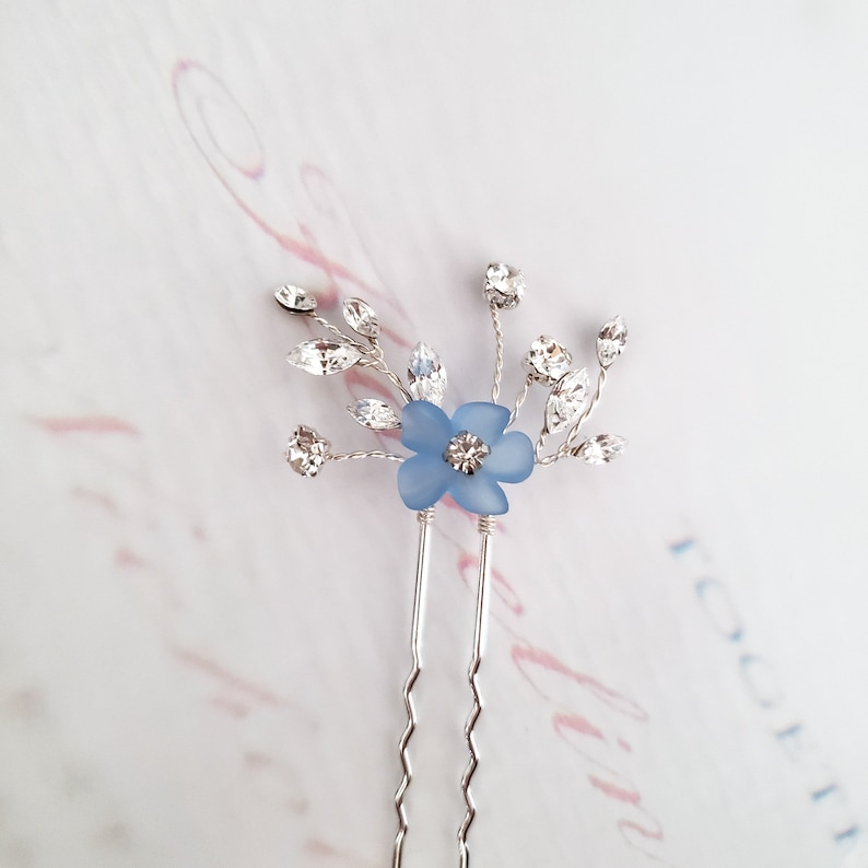 Pearl Hair Pin with Dusty Blue Flower Crystal Flower Hair Pin Something Blue Ready to Ship Custom Handmade image 4