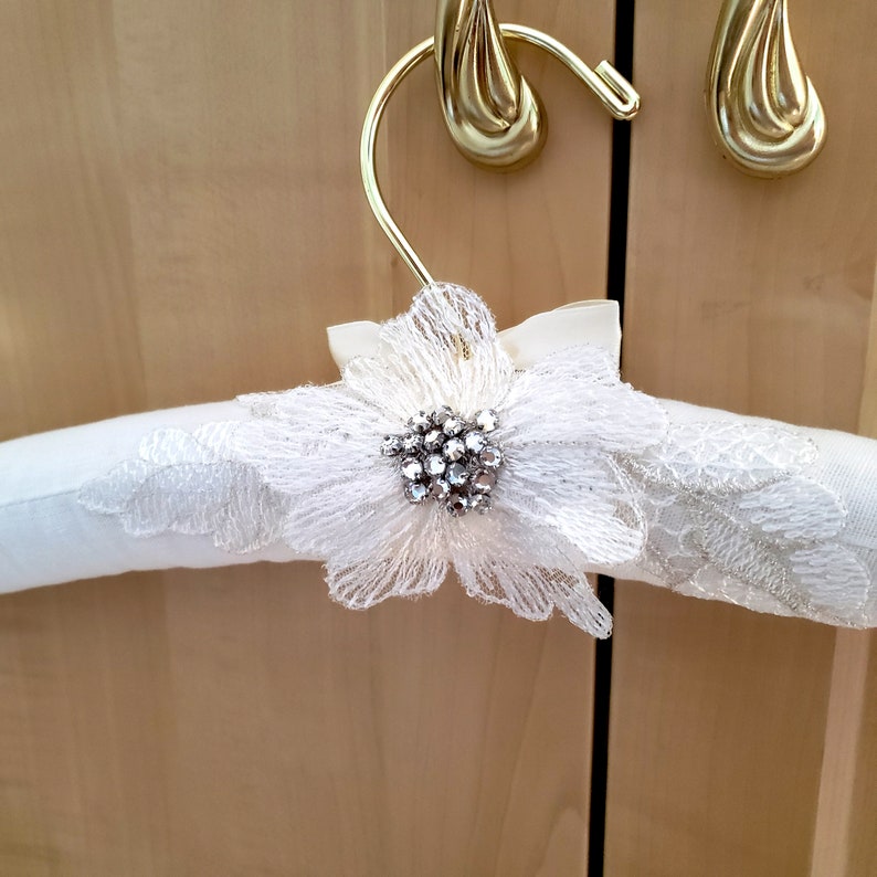 Wedding Dress Hanger with Crystal Flower and Silver Metallic Leaves Quinceanera Gift Padded Hanger Gift for Bride Floral Hanger image 3