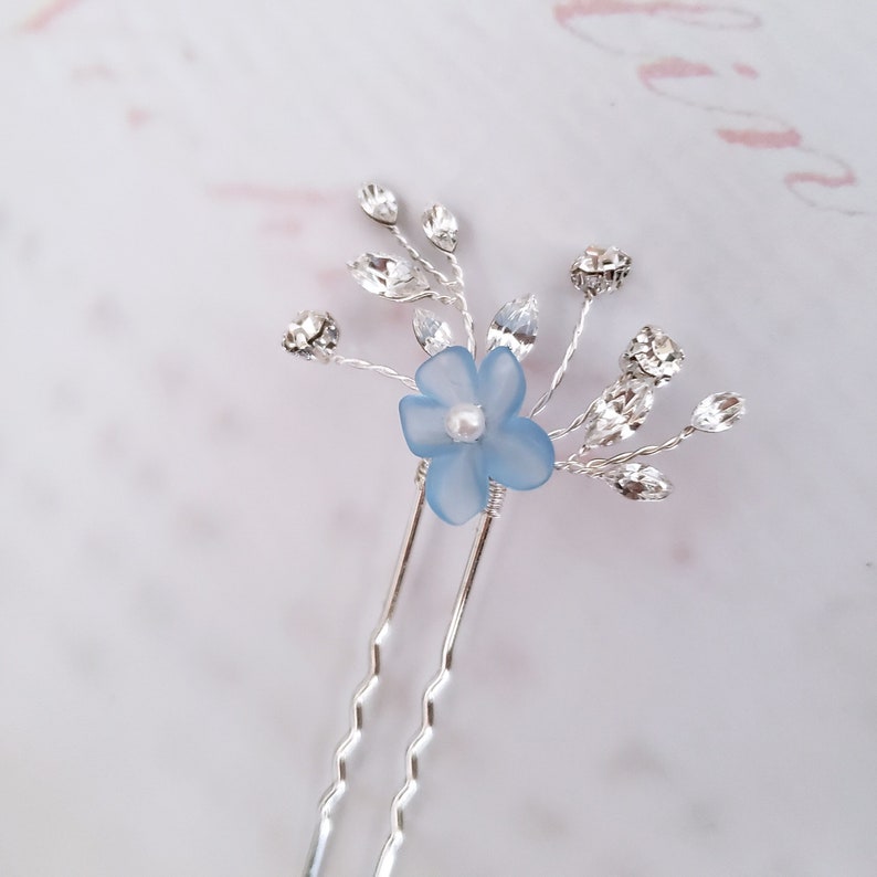 Pearl Hair Pin with Dusty Blue Flower Crystal Flower Hair Pin Something Blue Ready to Ship Custom Handmade image 1