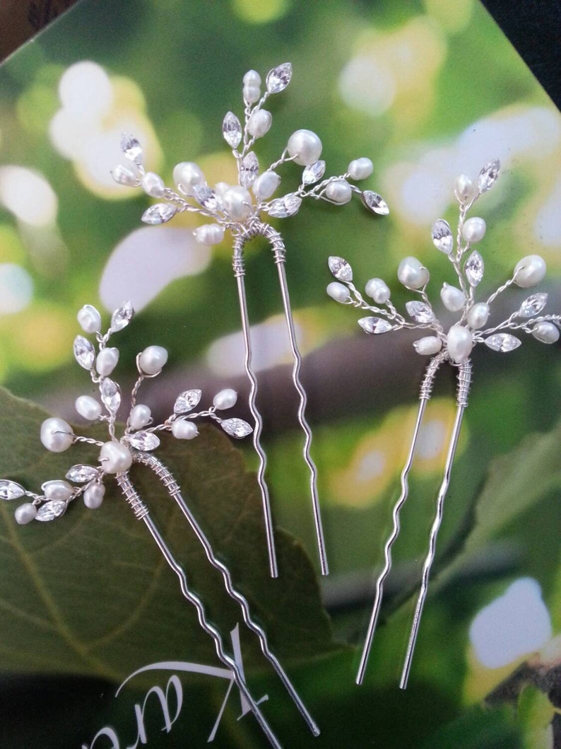 Pearl Hair Pins with Crystals, Hair Pin Set of 3, Crystal Hair Pins, Bridal Hairpiece, Bridesmaid Gift, Pearl Hair Vines image 2