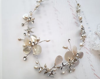 Bridal Hair Vine with Starfish and Pearl Flowers, Wedding Headpiece, Silver Hair Vine, Beach Wedding