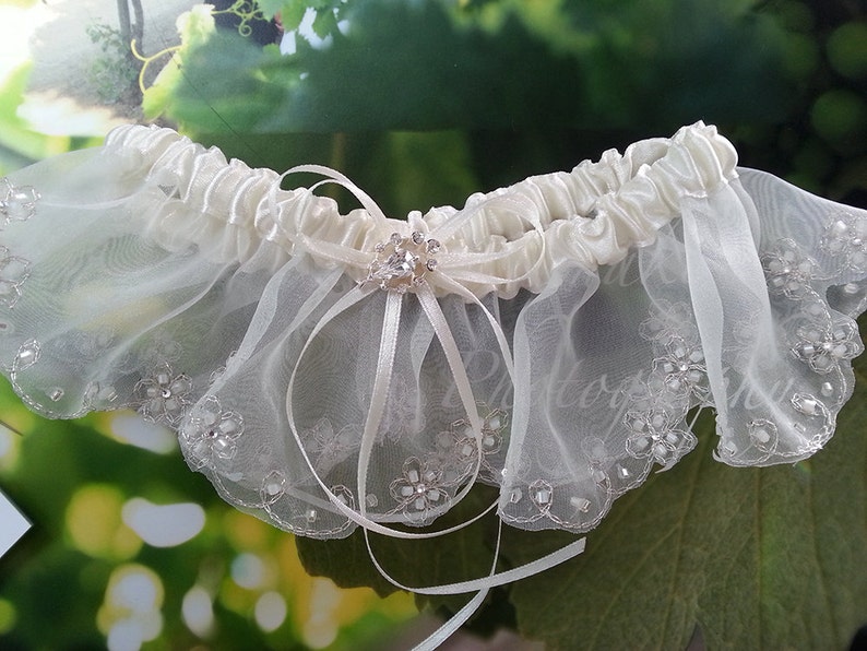 Wedding Garter with Rhinestone Embellishment Ready to Ship Ivory Bridal Garter