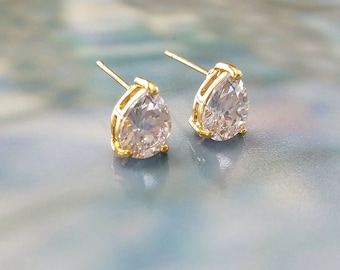 Crystal Post Earrings, Wedding Jewelry, CZ Teardrop Gold Earrings, Bridesmaid Gift, Gold Studs, Silver Studs,