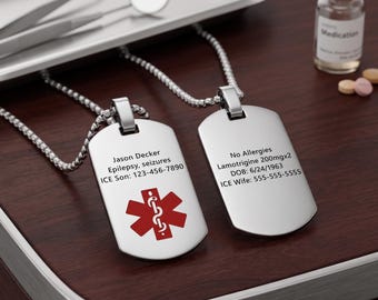 Custom Medical Alert Dog Tag Necklace for Men | Engraved Emergency ID Jewelry | Diabetic Dog Tag | Custom Engraved Emergency ID Pendant