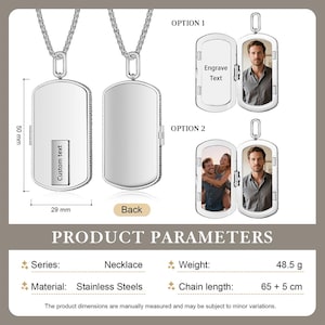 May include: A silver stainless steel locket necklace with a rectangular pendant, 29 mm wide and 50 mm long. The locket opens to reveal space for a photo or engraved text. The chain is 65 cm long. The necklace weighs 48.5 grams.