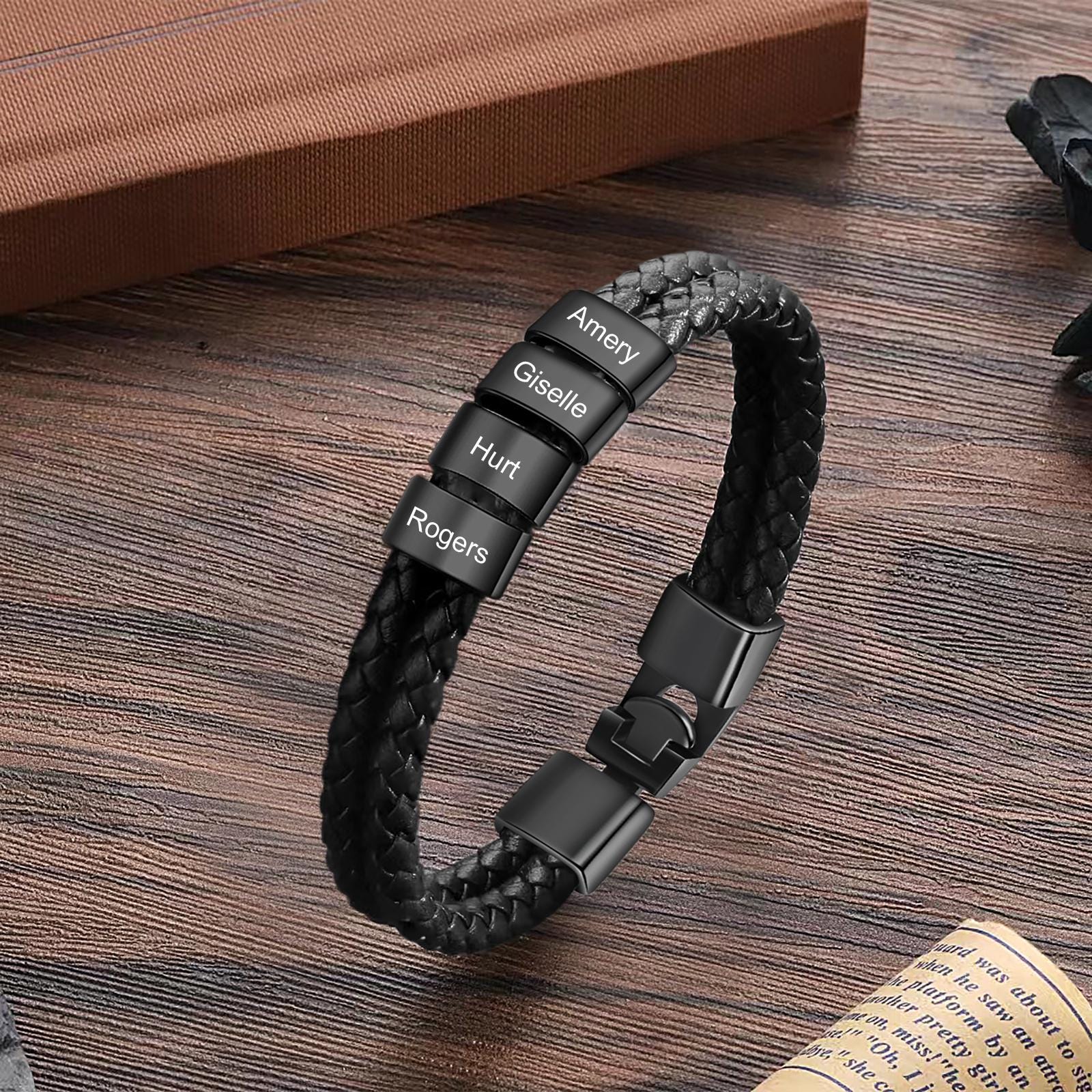 Personalized Men's Braid Leather Bracelet,custom Kid's Names