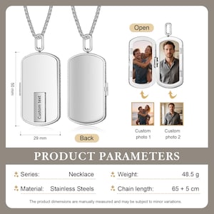May include: A silver stainless steel necklace with a rectangular pendant. The pendant is shown closed and open, revealing space for custom photos. The necklace chain is 65 cm long. The pendant is 50 mm high and 29 mm wide, with the text "Custom text".
