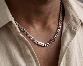 Custom Men Necklace with Up to 6 Names & Birthstones, 2026 Daddy Jewelry,  Custom Cuban Link Necklace, Personalized Names Necklace for Men