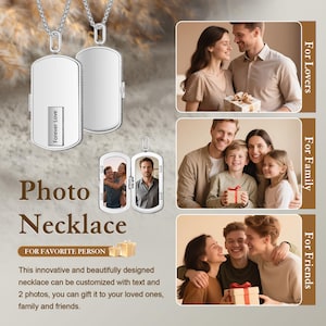 May include: Silver photo necklace with a rectangular pendant, engraved with "Forever Love." The pendant opens to reveal two photo slots. The image includes photos of a couple, a family, and friends. The text reads "Photo Necklace."