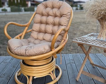 Beige rattan swivel chair cushion, Rattan long chair cushion, Rocking chair cushion with ties, Cushions for wicker chair with round corner