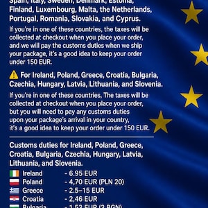 Puede incluir: Un gr&aacute;fico informativo con fondo azul y estrellas amarillas que detalla el IVA y los derechos de aduana para la Uni&oacute;n Europea. Enumera pa&iacute;ses espec&iacute;ficos, procedimientos de cobro de impuestos y tarifas aduaneras para varias naciones.