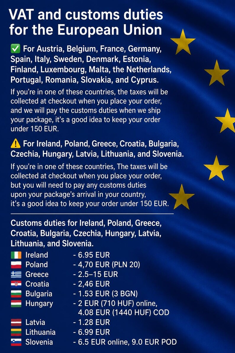 Puede incluir: Un gr&aacute;fico informativo con fondo azul y estrellas amarillas que detalla el IVA y los derechos de aduana para la Uni&oacute;n Europea. Enumera pa&iacute;ses espec&iacute;ficos, procedimientos de cobro de impuestos y tarifas aduaneras para varias naciones.
