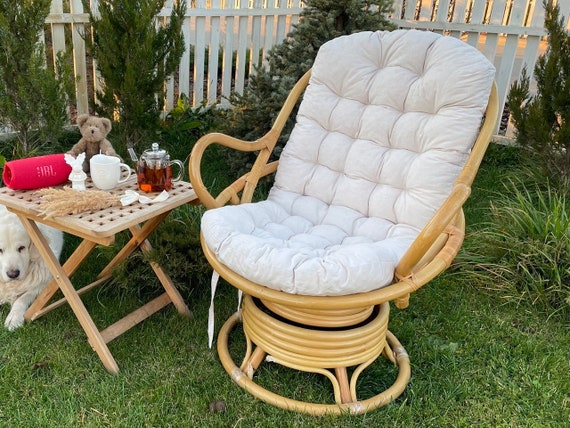 Rattan Long Chair Cushion Soft Pad With Backrest Swivel Patio Linen Rattan Chair Cushion Rocking Chair Cushion With Ties Papasam Cushion Etsy