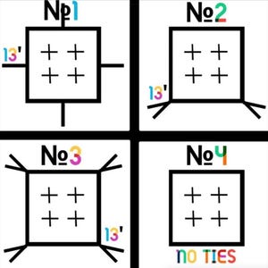 Puede incluir: Una ilustraci&oacute;n gr&aacute;fica de cuatro paneles que muestra dise&ntilde;os cuadrados etiquetados como No 1, No 2, No 3 y No 4. Cada cuadrado contiene cuatro signos m&aacute;s. Los paneles muestran variaciones de lazos en las esquinas con el texto 13 pulgadas, No 4 dice no ties.
