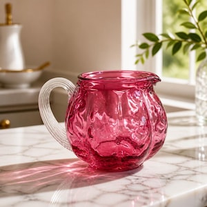 VTG Fenton Pink Cranberry Glass Ribbed Melon Pitcher Vase Pink Barbie Core.
