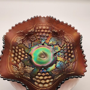 Vintage Northwood Amethyst Grape and Cable Carnival Glass Ruffled Bowl 6 inch