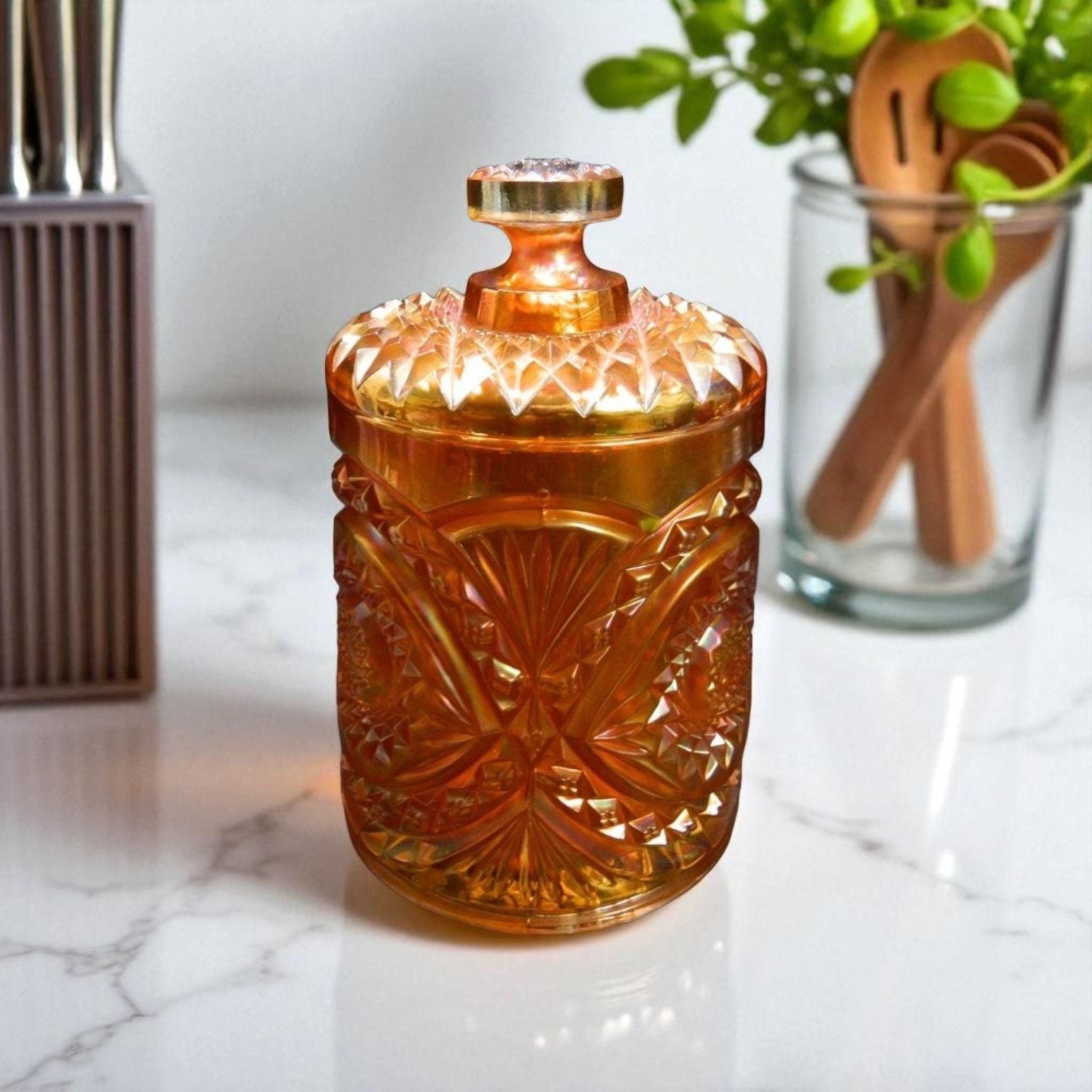 Vintage Imperial Orange Hobstar Carnival Glass Biscuit Jar 8.25" x4.75"x4.75" Ex
