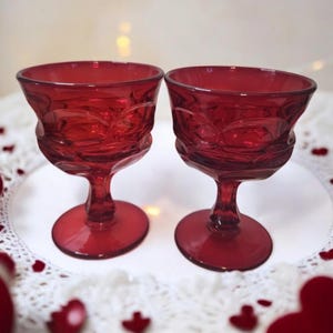 Red 5- 1/8&quot; Fostoria glass.            &quot;Argus&quot; Champagne or tall sherbet glasses.