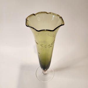 Vintage Etched Laurel Bud Vase: Smoky Olive Blown Glass