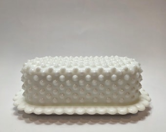 Vintage  Hobnail White Milk Glass Covered Butter Dish W/Scalloped Edge