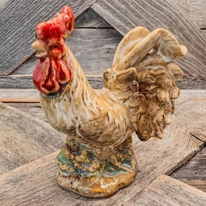 Vintage Hand Painted Glazed Ceramic Rooster with Sunflowers- Farmhouse-4.75&quot; Tall