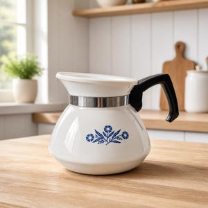 May include: A white enamel coffee pot with a wide base and a tapered neck. The body features a blue floral pattern. It has a black plastic handle attached to a silver-colored metal band around the neck and a white lid on top.